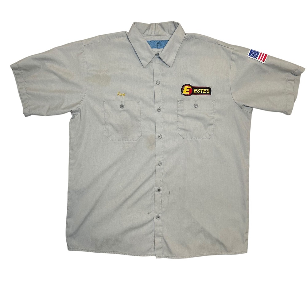 Vintage Mens ESTES Work Shirt Short Sleeve‎ Gray Embroidered Ray American Flag